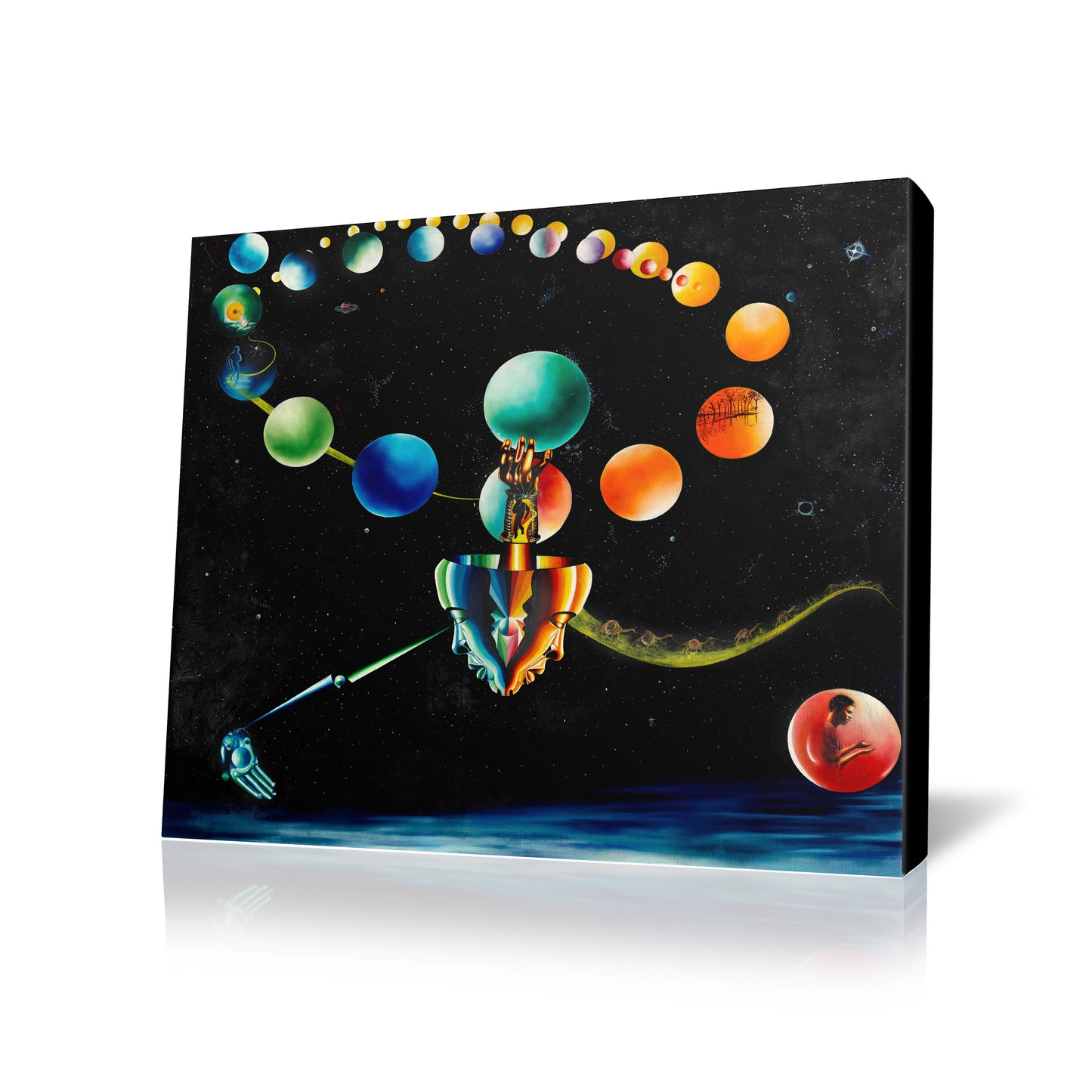 The Journey canvas painting – surreal visionary art depicting celestial spheres, symbolic figures, and mystical themes on museum-quality print.