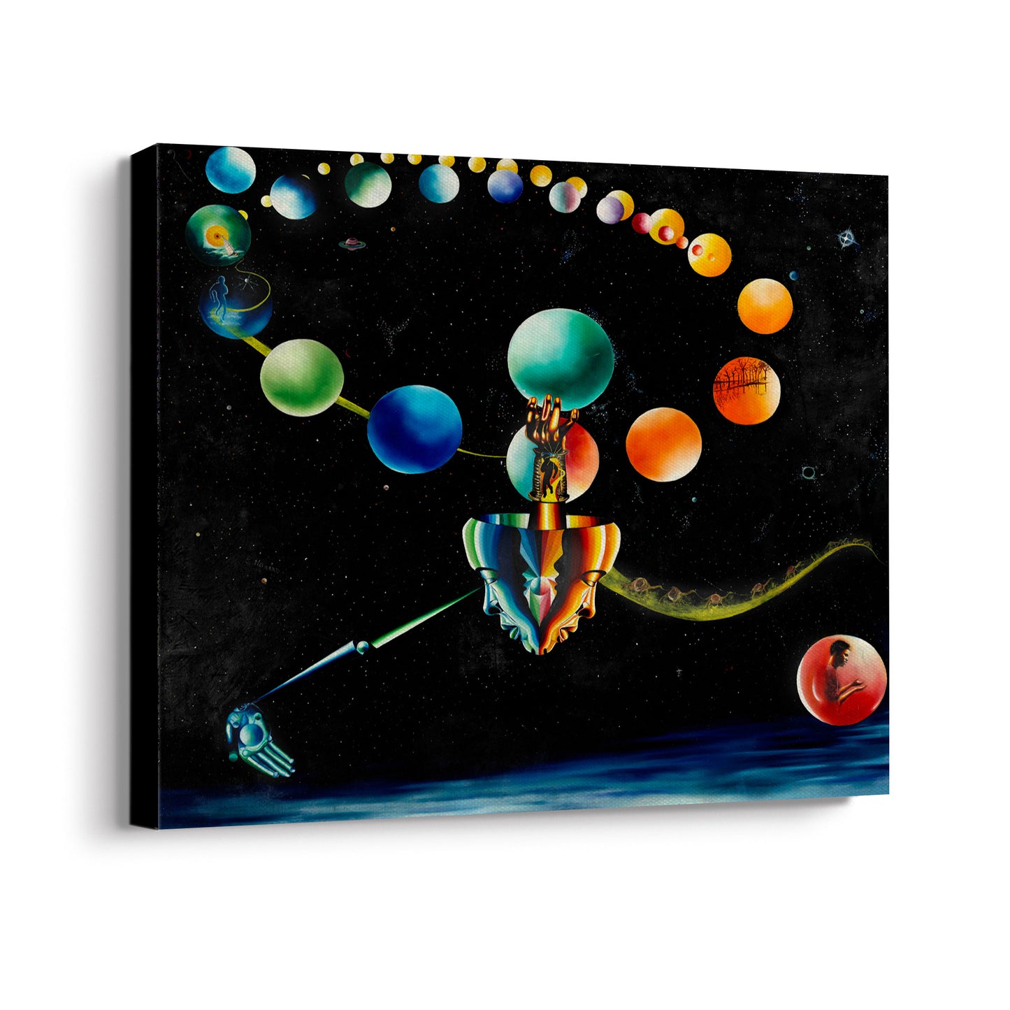 The Journey canvas painting – surreal visionary art depicting celestial spheres, symbolic figures, and mystical themes on museum-quality print.