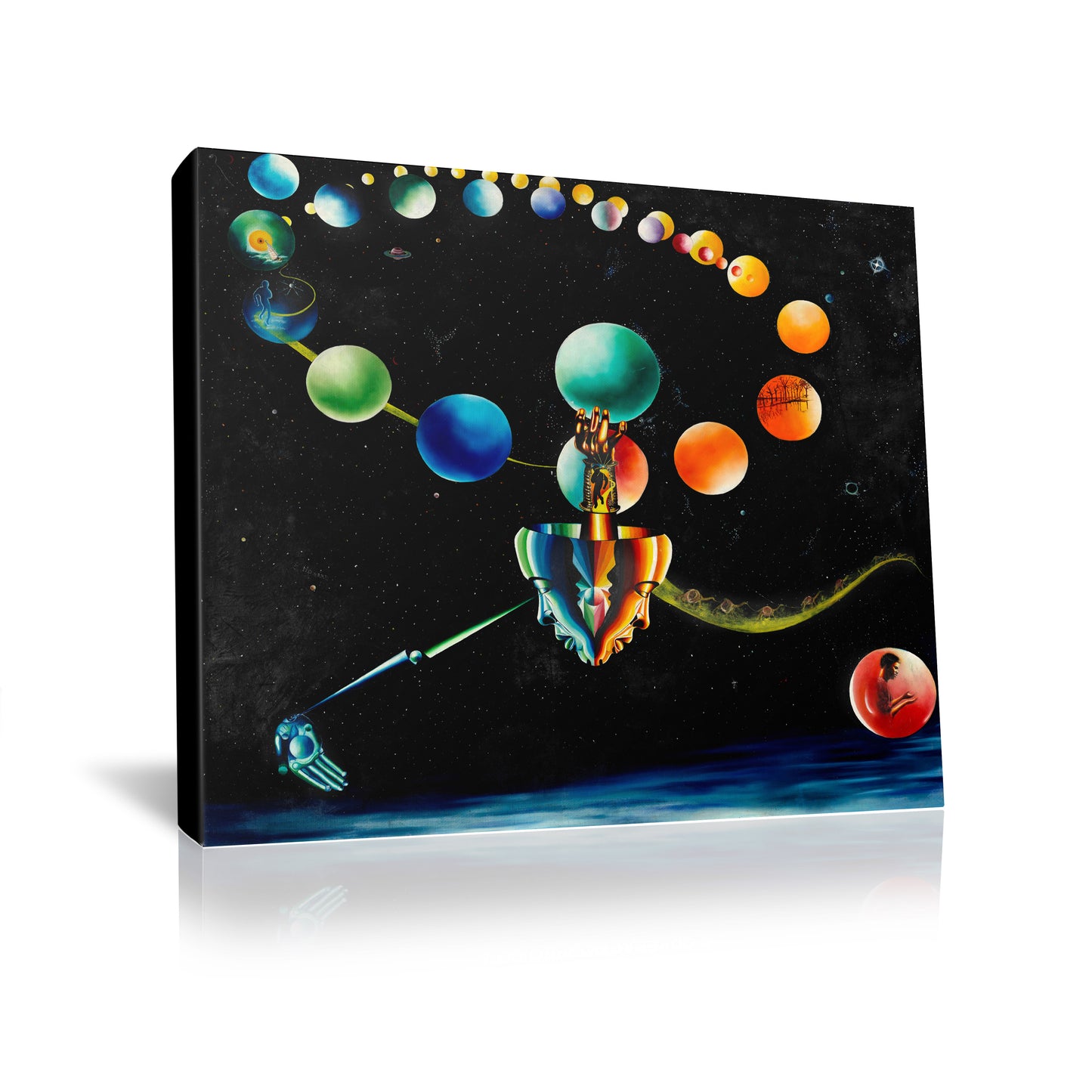 The Journey canvas painting – surreal visionary art depicting celestial spheres, symbolic figures, and mystical themes on museum-quality print.