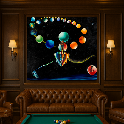 The Journey canvas painting – surreal visionary art depicting celestial spheres, symbolic figures, and mystical themes on museum-quality print.